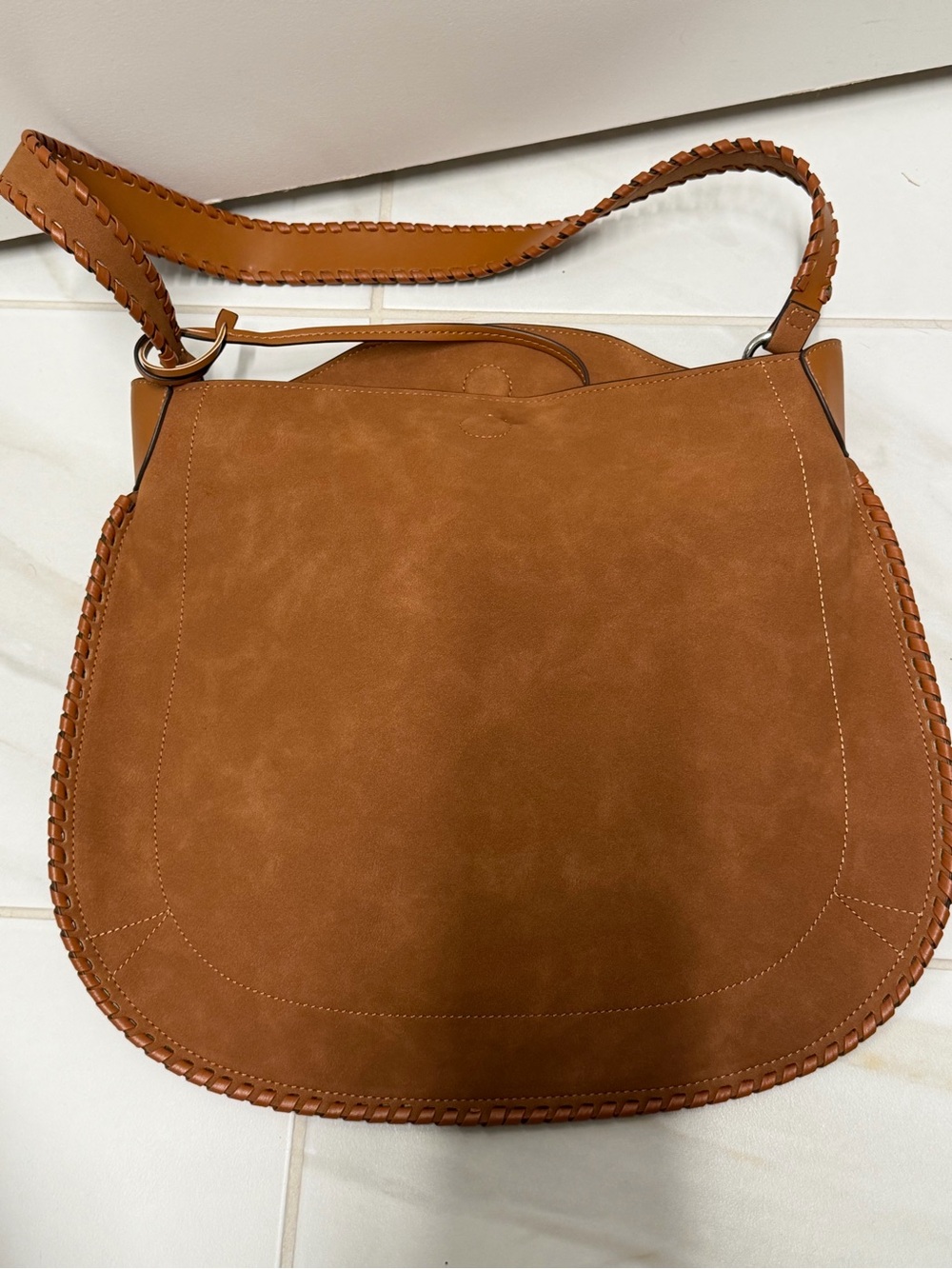 Braided-Trim Suede Shoulder Bag in Tan